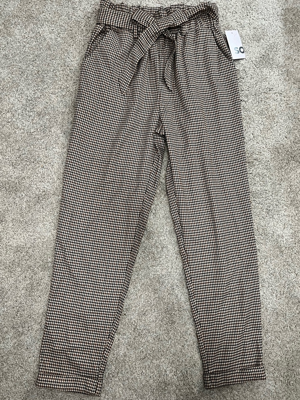 SO High-Waist Paperbag Houndstooth Pants - Brown/Black Small NWT